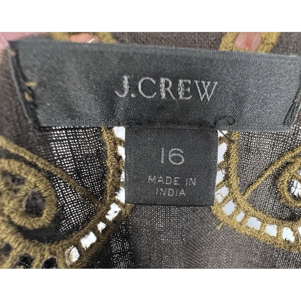 J.CREW Brown 100% Linen Embroidered Slip Dress Women 16 Boho Peasant Pockets - Picture 11 of 14